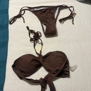 Strapless Tie-Front Brown Bikini Set Size M